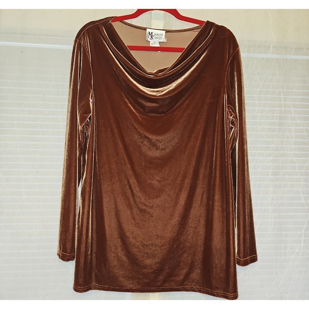 Maggie Sweet Women's Shimmery Cowlneck Brown Long Sleeve Blouse